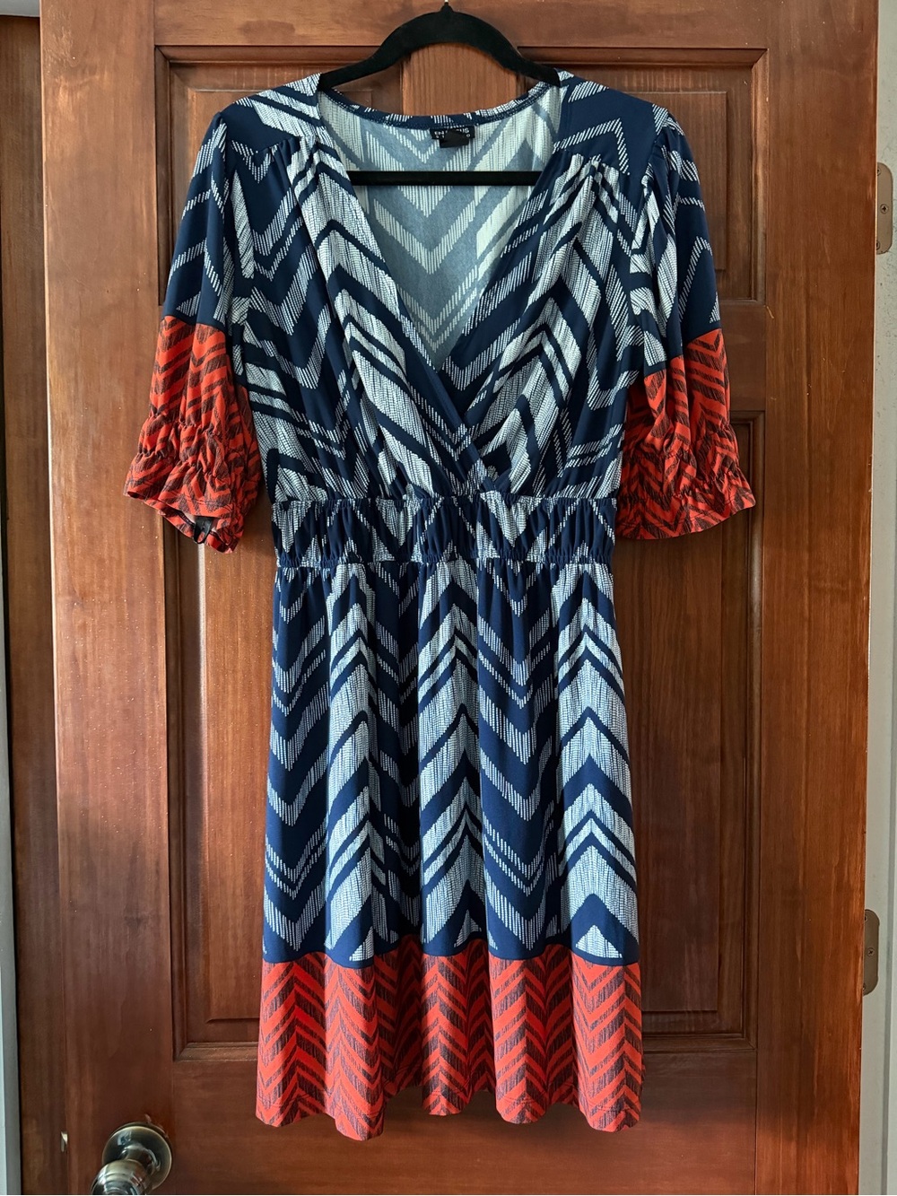 Enfocus Studio Navy and Orange Printed V-Neck Midi Dress